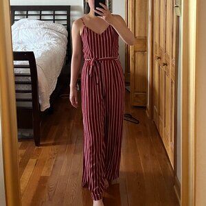 Burgundy Striped V Neck Spaghetti Strap Jumpsuit